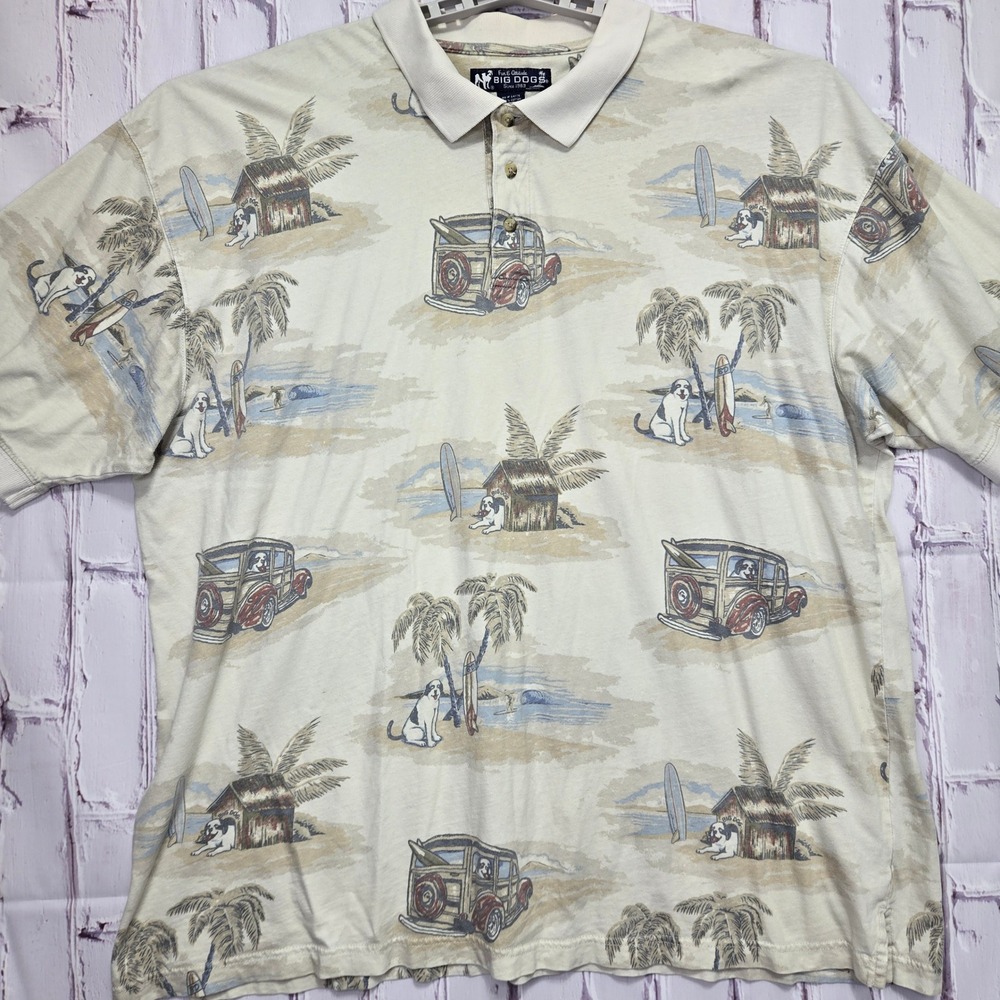 Vintage Big Dogs Mens‎ 3X Hawaiian Beach Dog Car Surf Tropical Print Polo Shirt